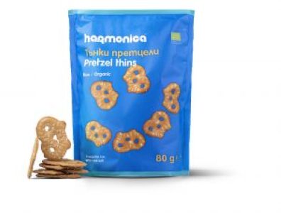 Био плосък претцел с морска сол Harmonica 80 г хрупкав солен снакс